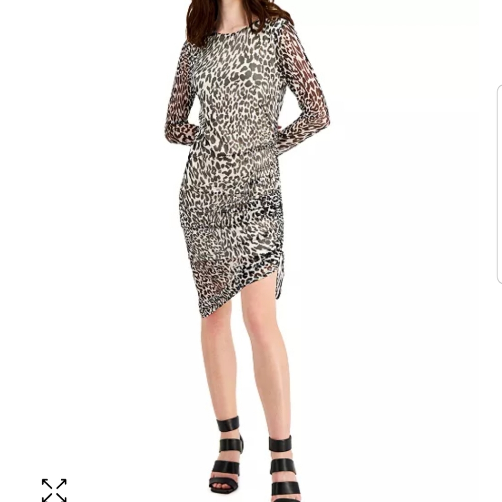 INC INTERNATIONAL CONCEPTS Leopard Print Mesh Overlay Ruched Dress - Picture 3 of 8